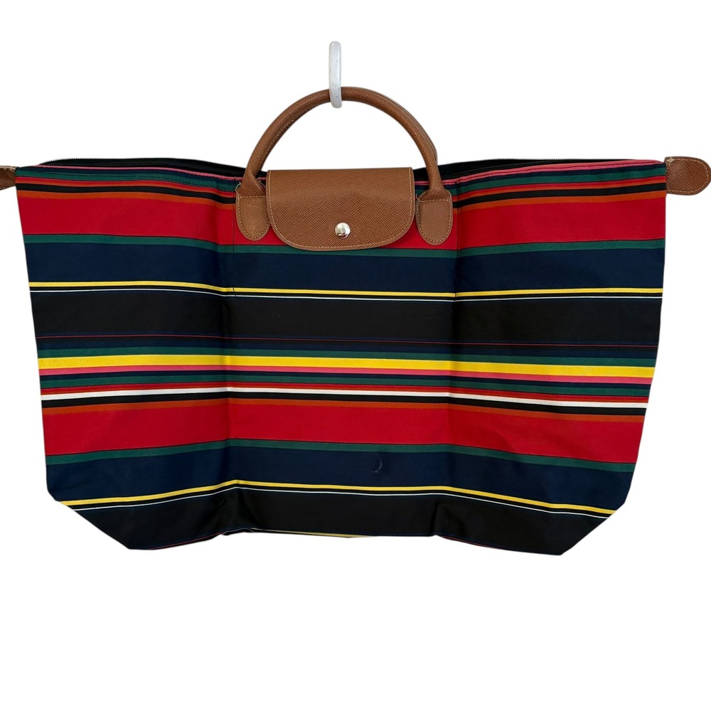 Foldable Travel Large Tote Bag Colorful Striped Nylon Leather Trim